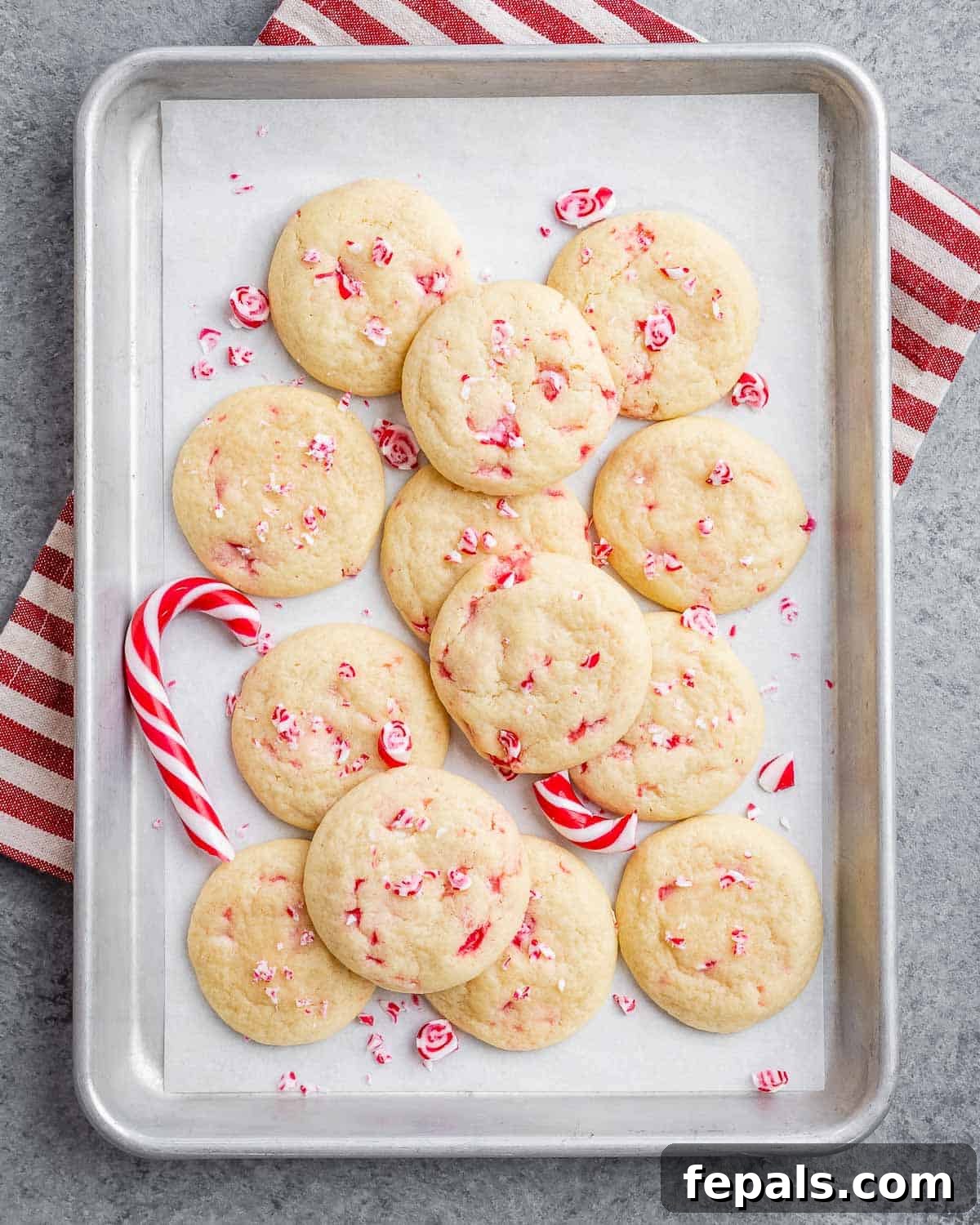 A festive arrangement of peppermint cookies on a baking sheet, accompanied by a whole candy cane, highlighting their holiday appeal.