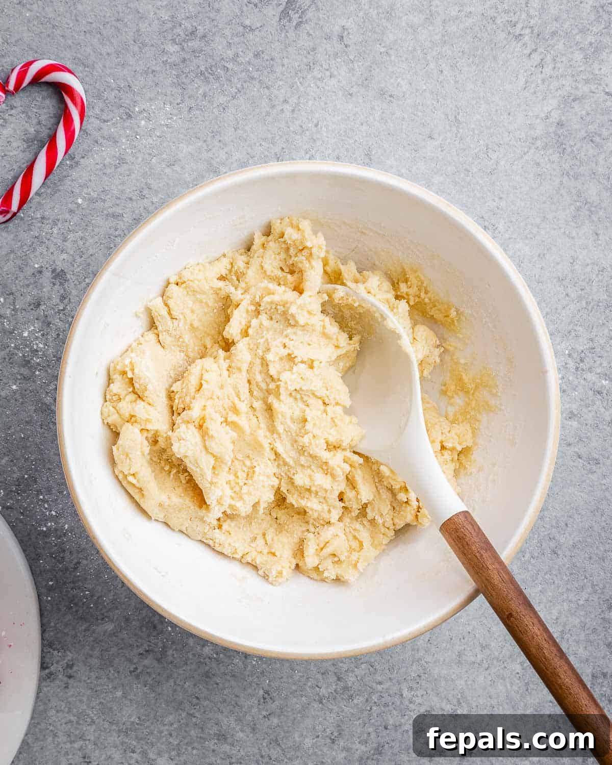 The sifted dry ingredients carefully folded into the wet butter-egg mixture with a spatula, forming a cohesive and soft cookie dough.