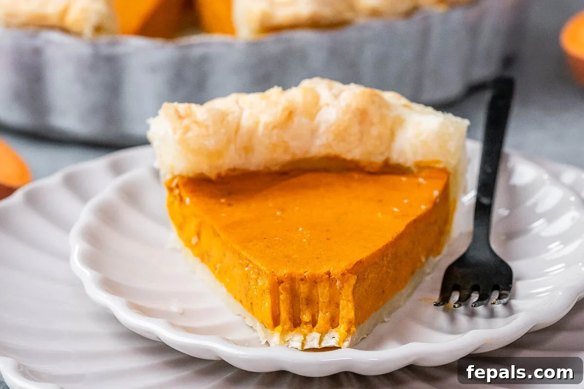 A perfectly baked slice of sweet potato pie on a white scalloped plate with a fork, ready to be enjoyed. The filling is smooth and the crust is golden brown.