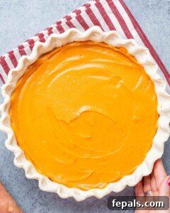 Pie crust filled with uncooked sweet potato filling, spread evenly before baking.