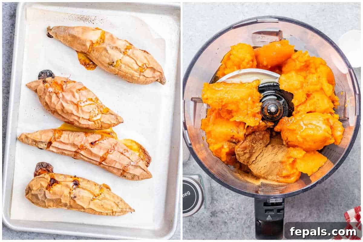 Process shots: Sweet potatoes roasting on a baking sheet on the left, and the creamy sweet potato filling being blended in a food processor on the right.