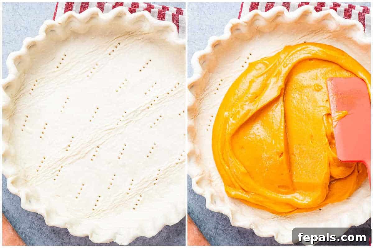 Process shots: A pie crust neatly placed in a pie dish on the left, and the rich sweet potato filling being poured into the crust on the right.