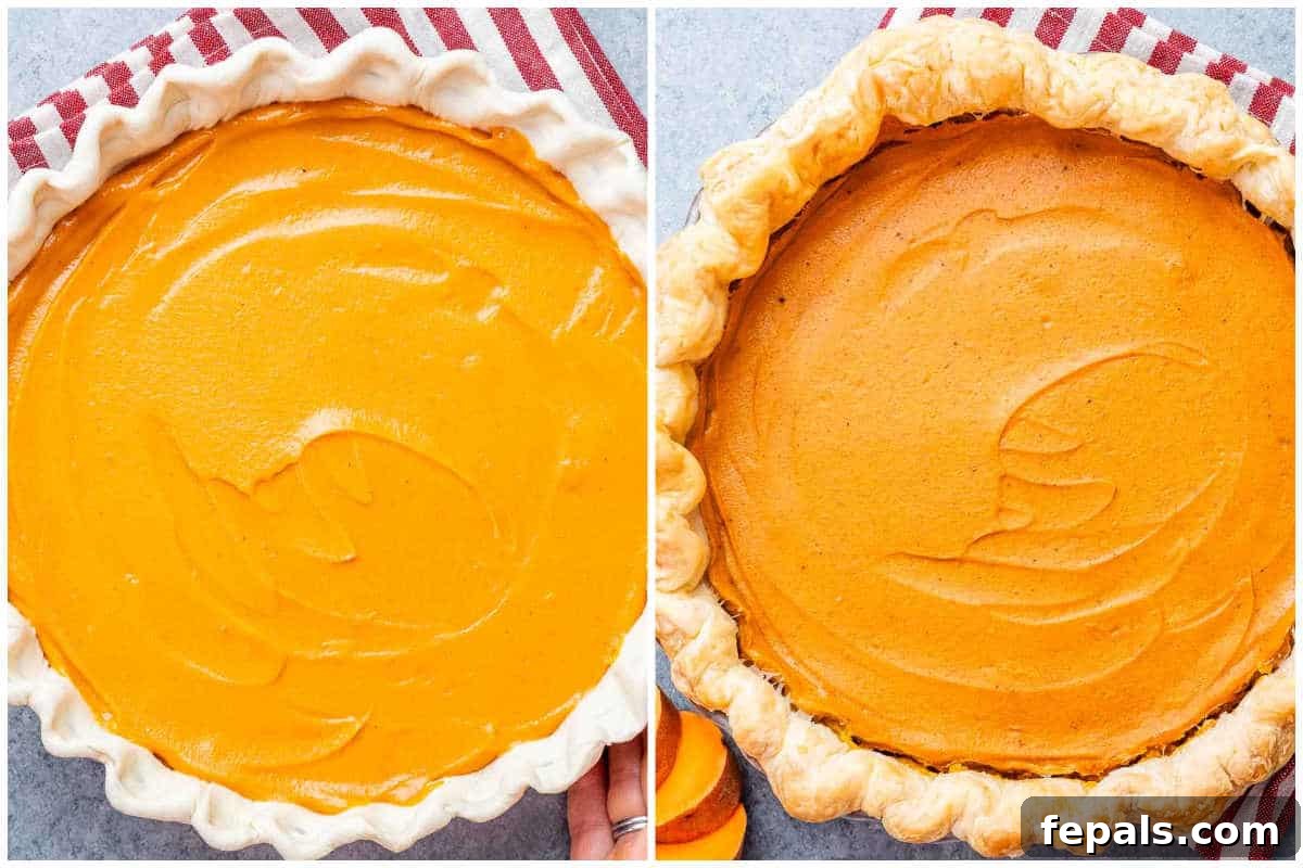 Process shots: An unbaked pie filled with the smooth sweet potato mixture on the left, and a beautifully baked, uncut sweet potato pie with a golden crust on the right.
