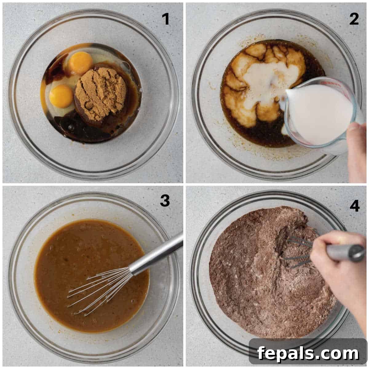 Olympian's Delight Chocolate Muffins 4 process shot showing wet ingredients being mixed in a large bowl to create the batter for Olympic muffins.