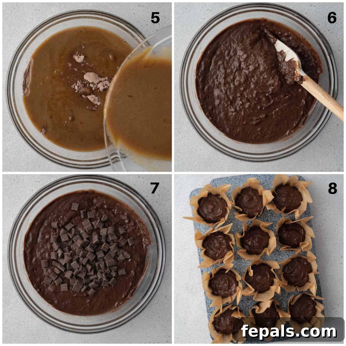 Olympian's Delight Chocolate Muffins 5 process shot showing the chocolate muffin batter being prepared and scooped into a muffin pan.