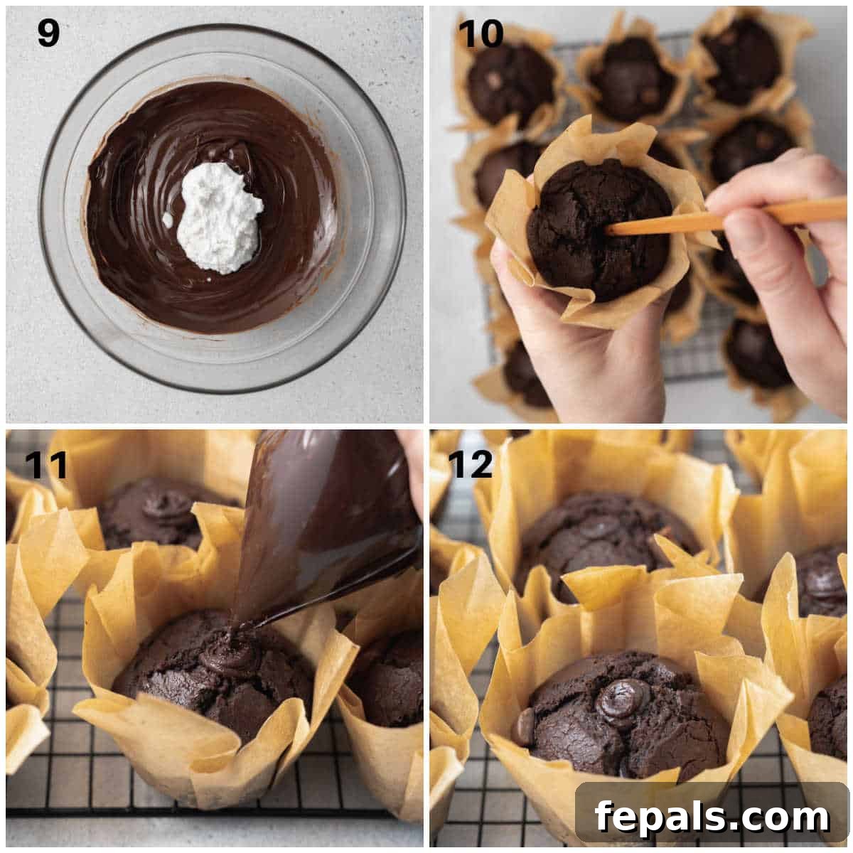 Olympian's Delight Chocolate Muffins 6 process of making ganache and filling it into the baked chocolate muffins.