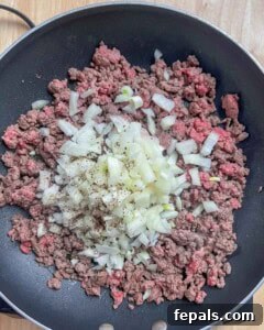 diced onions, salt, and pepper added over cooked minced meat.