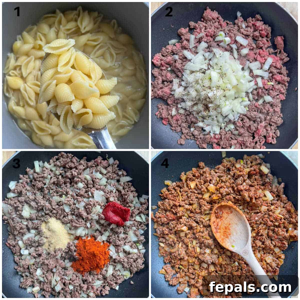 A visual guide depicting the initial stages of cooking Turkish pasta: boiling the pasta and preparing the flavorful seasoned meat sauce.