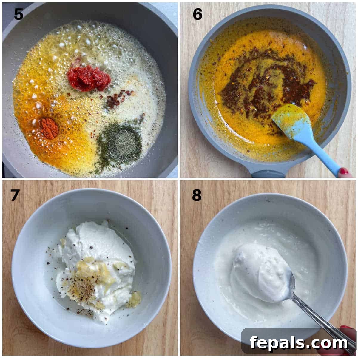 Sequential steps for crafting the exquisite butter sauce and the refreshing garlic yogurt sauce, key components of the Turkish pasta.