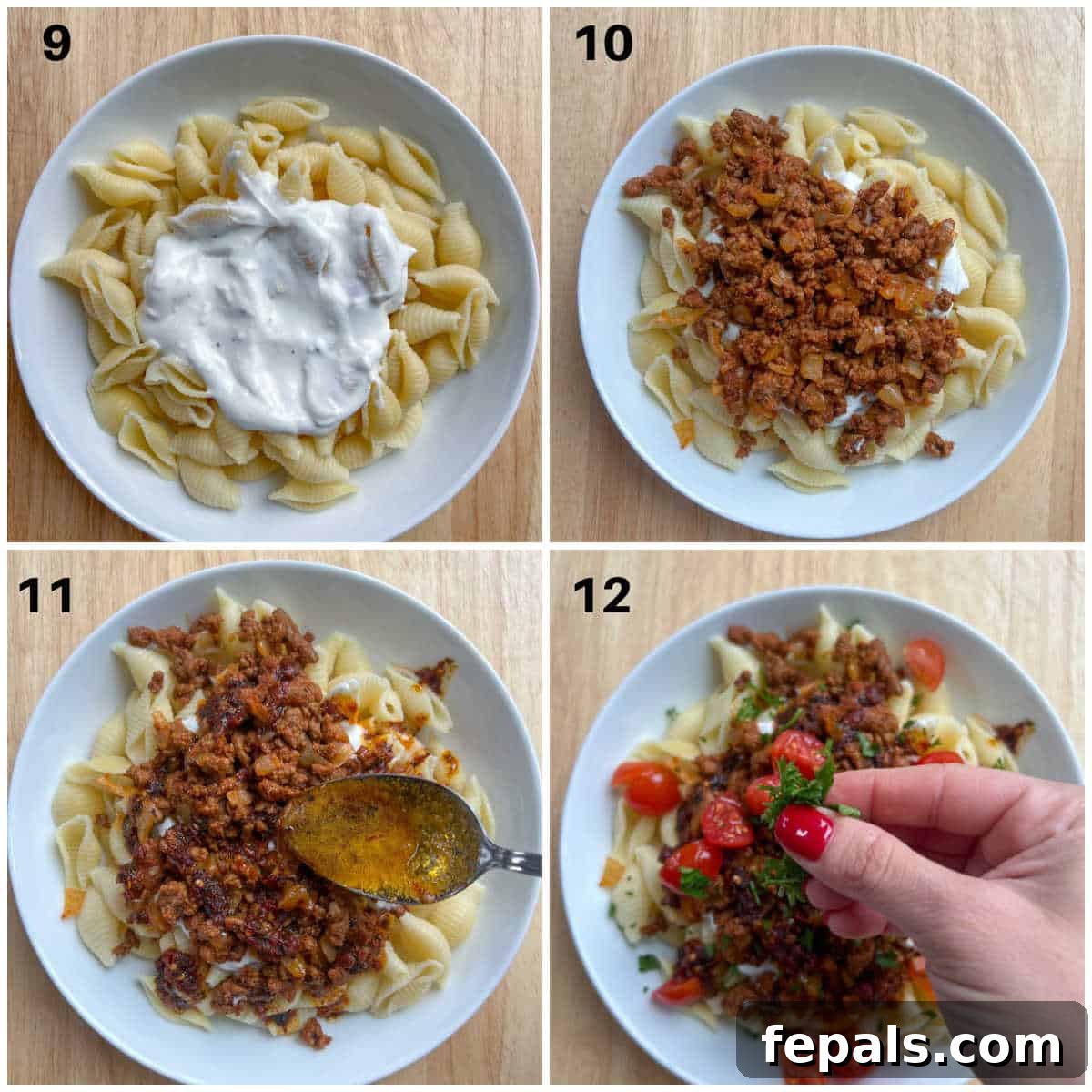 A series of process shots illustrating the final assembly of the Turkish pasta dish, from plating the pasta to garnishing with fresh ingredients.