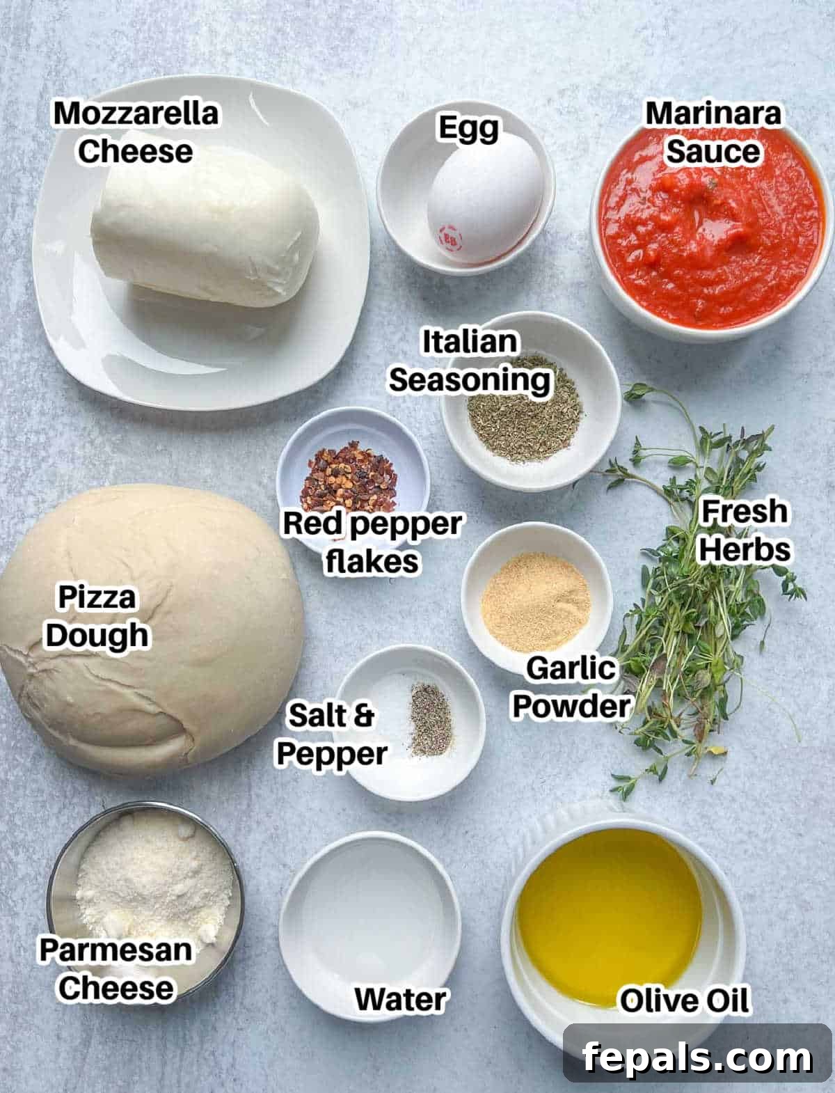 A visual guide to the ingredients needed: pizza dough, mozzarella cheese, egg, Italian seasoning, garlic powder, olive oil, and Parmesan cheese.