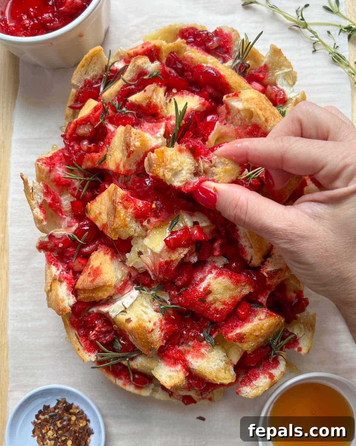 hand grabbing a piece of bread with cranberry sauce and melted brie cheese.