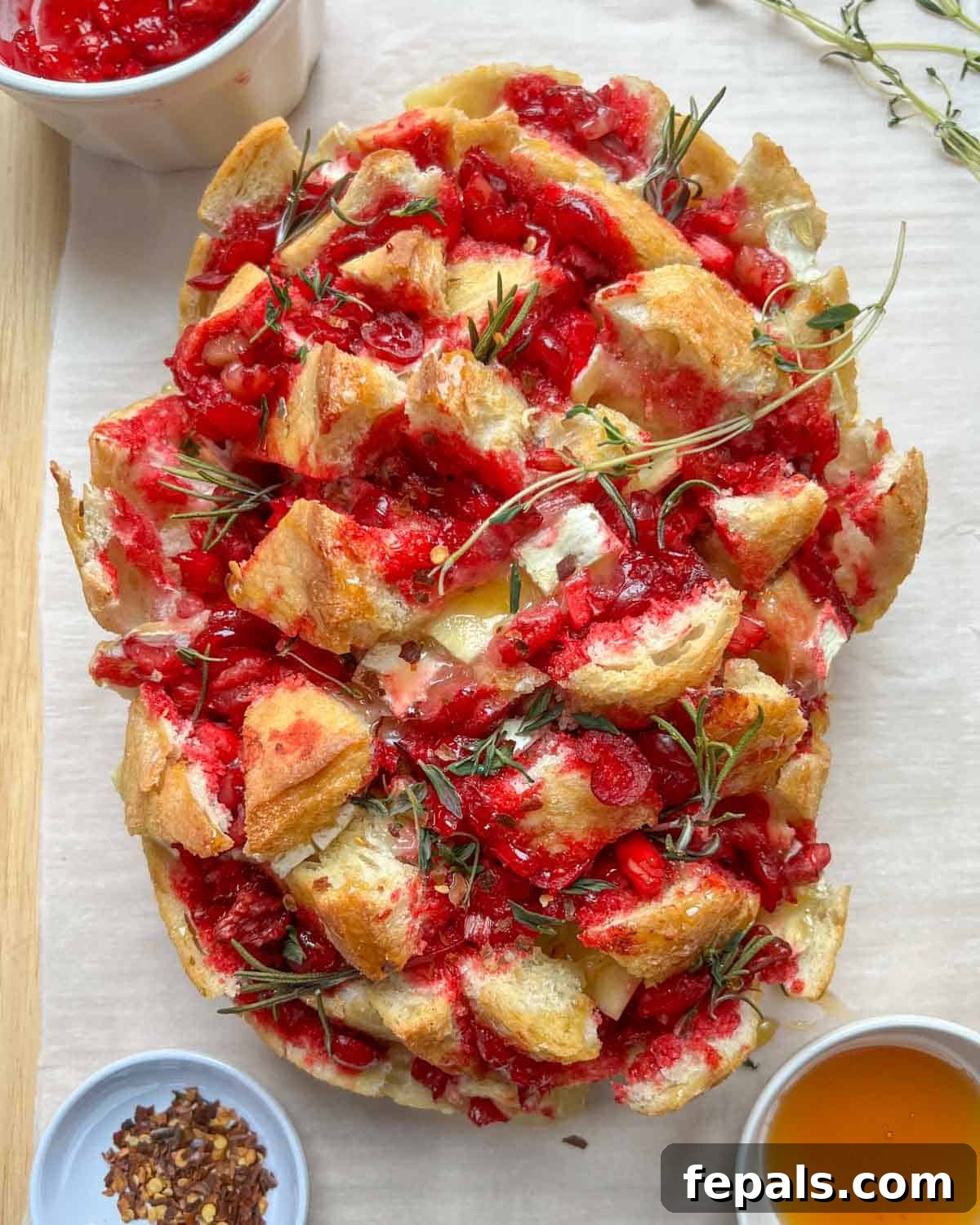 cranberry bread on a sheet pan with a small bowl of honey, and a bowl of cranberry sauce.