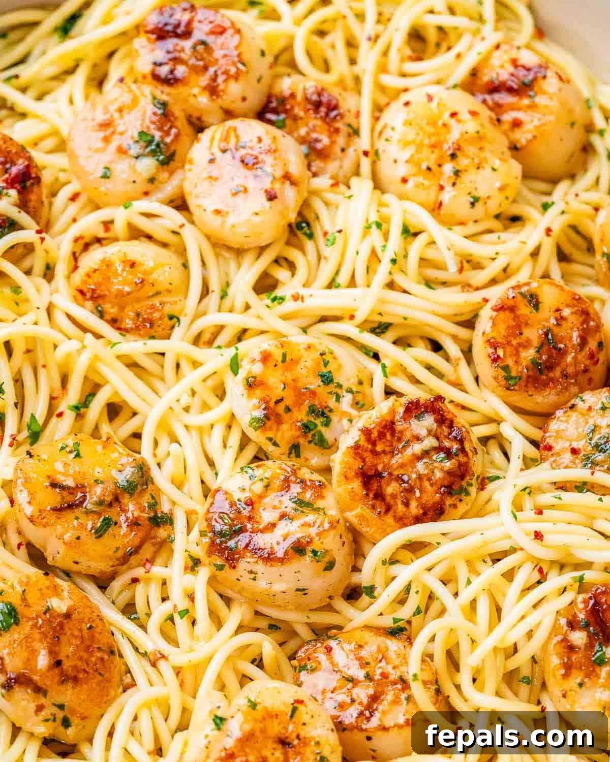 A close-up angle showing perfectly golden scallops nestled into tender angel hair pasta with a light citrusy sauce, garnished with fresh herbs.
