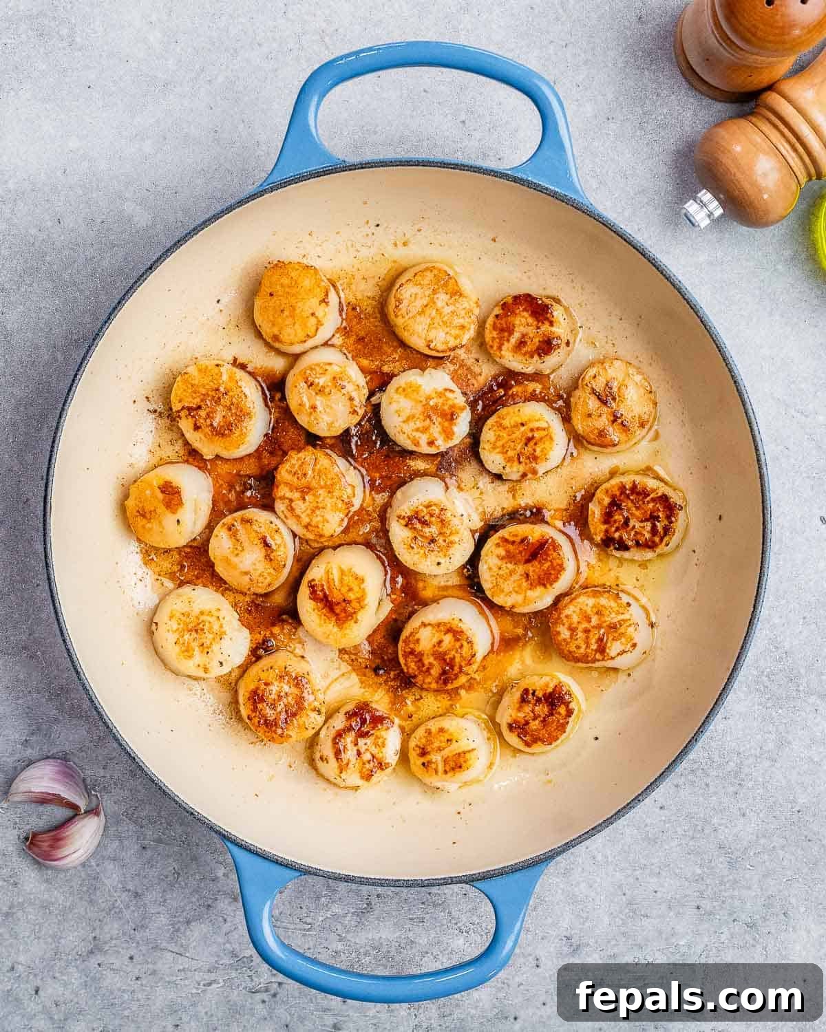 Perfectly seared scallops arranged in a single layer in a hot skillet, golden and caramelized on each side, ready for the pasta sauce.