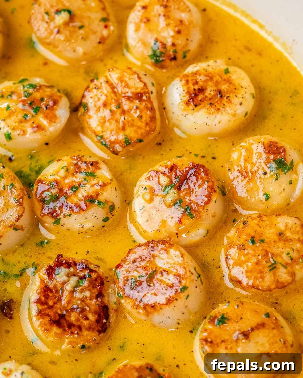 Perfectly cooked scallops sizzling in a rich, golden citrus butter sauce inside a skillet, ready to be combined with pasta.
