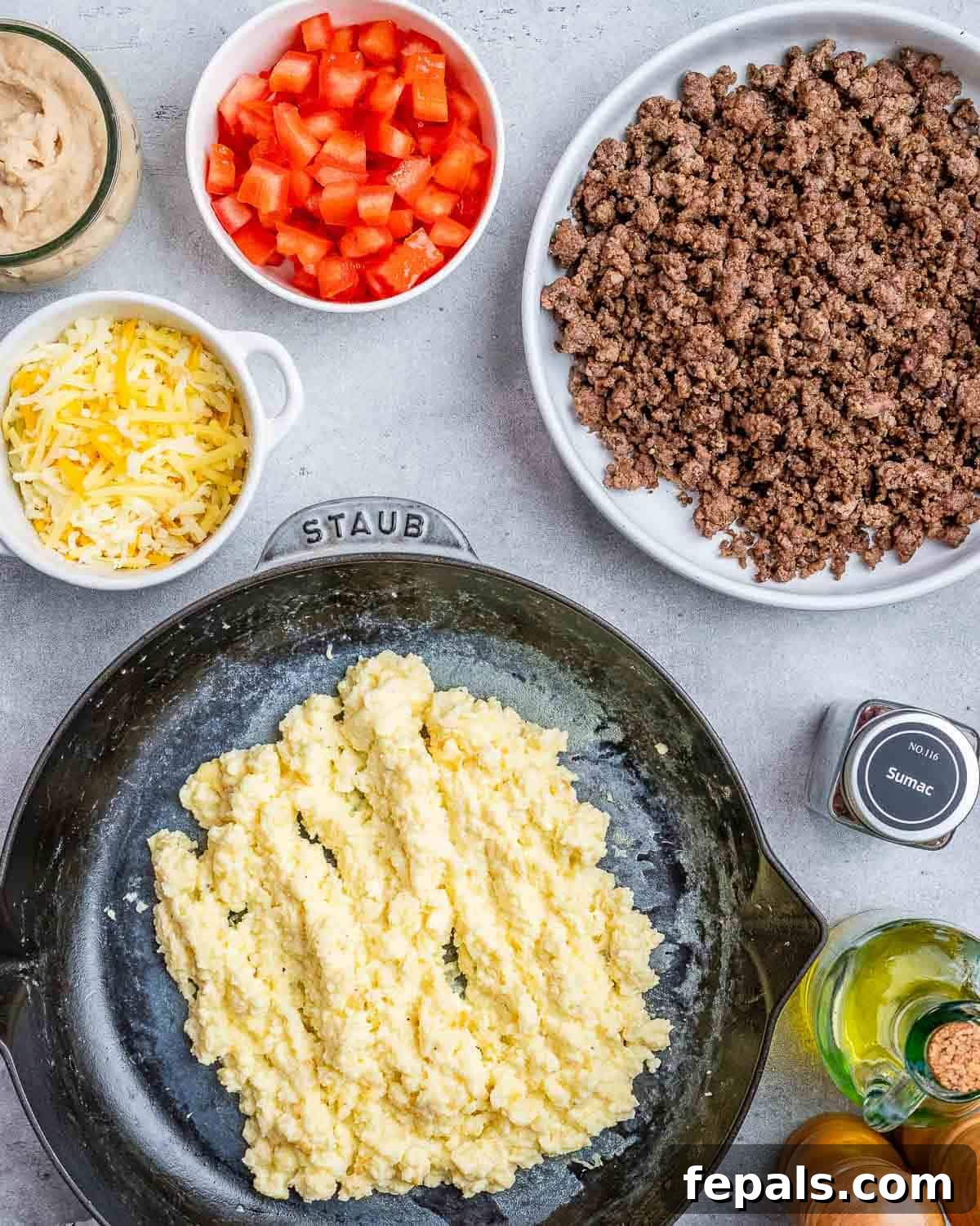 Prepped ingredients for making breakfast burritos. 