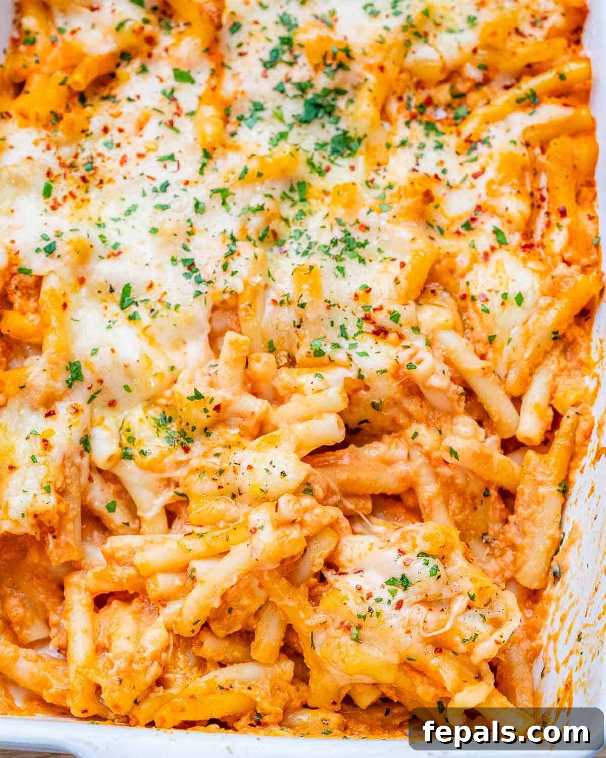 Ultimate Cheesy Baked Ziti 3 A close-up view of cheesy tomato pasta simmering in a pristine white casserole dish, ready to be served.