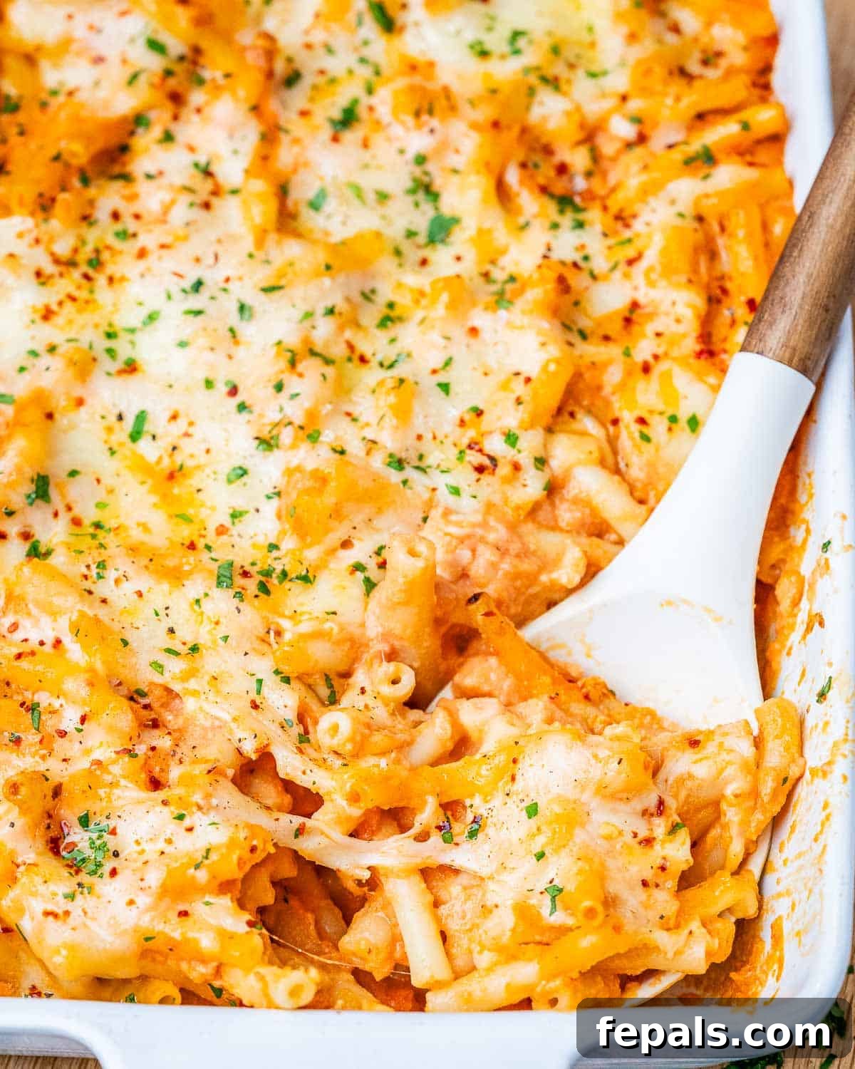 Ultimate Cheesy Baked Ziti 9 A spoon digging into a white baking dish, showcasing the creamy, cheesy, and saucy layers of baked ziti topped with melted mozzarella.