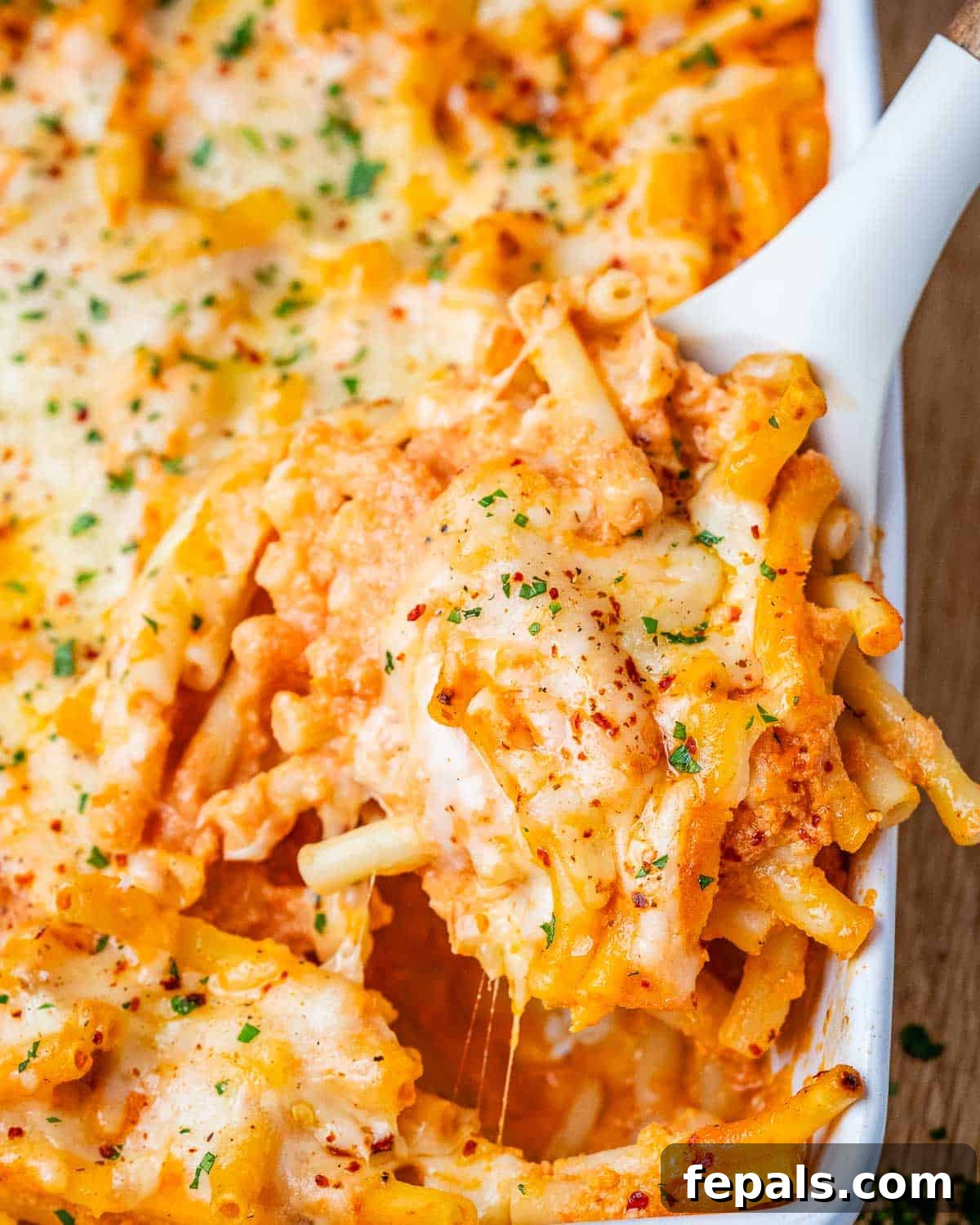 Ultimate Cheesy Baked Ziti 10 A large white baking dish with a spoon lifting a serving of cheesy, saucy baked ziti, showcasing its comforting layers.