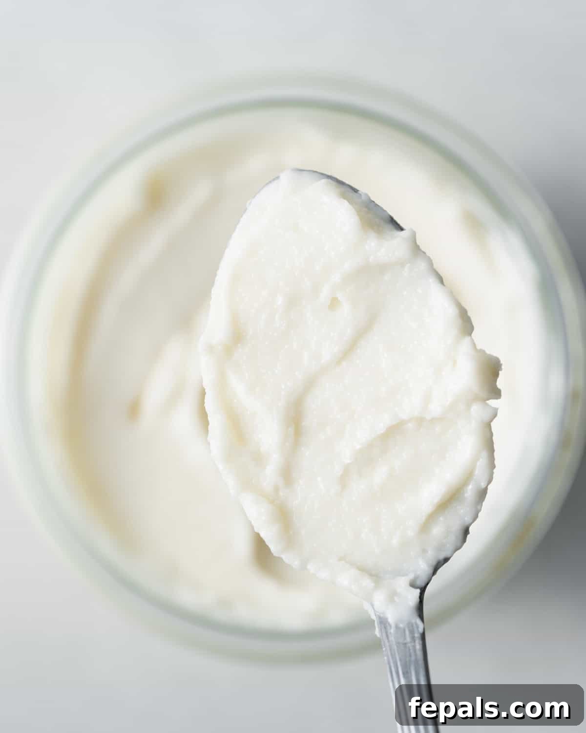 Fluffy Lebanese Garlic Dip 11 A close-up shot of a spoonful of creamy Lebanese garlic sauce, showcasing its smooth texture.
