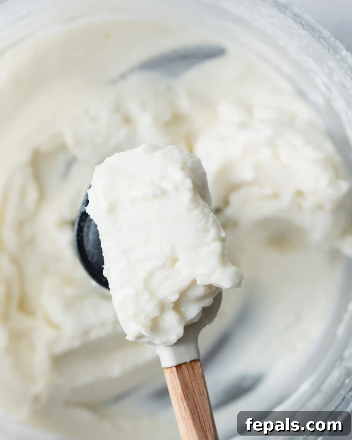 Fluffy Lebanese Garlic Dip 9 A spatula holding a spoonful of perfectly creamy, fluffy garlic sauce, freshly made in a food processor.