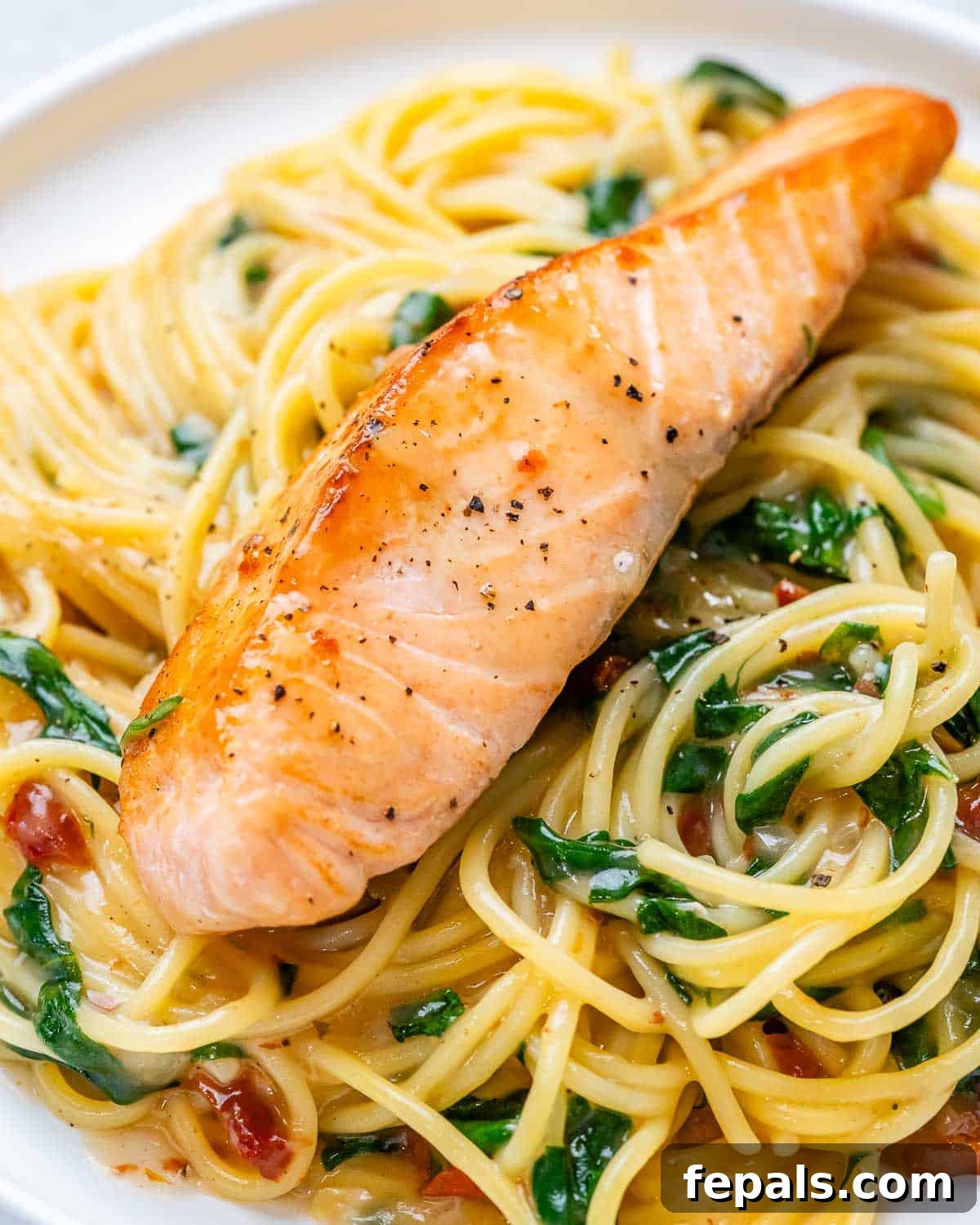 Decadent Salmon Alfredo 8 A plate with pasta, cream sauce, and fried salmon on top.