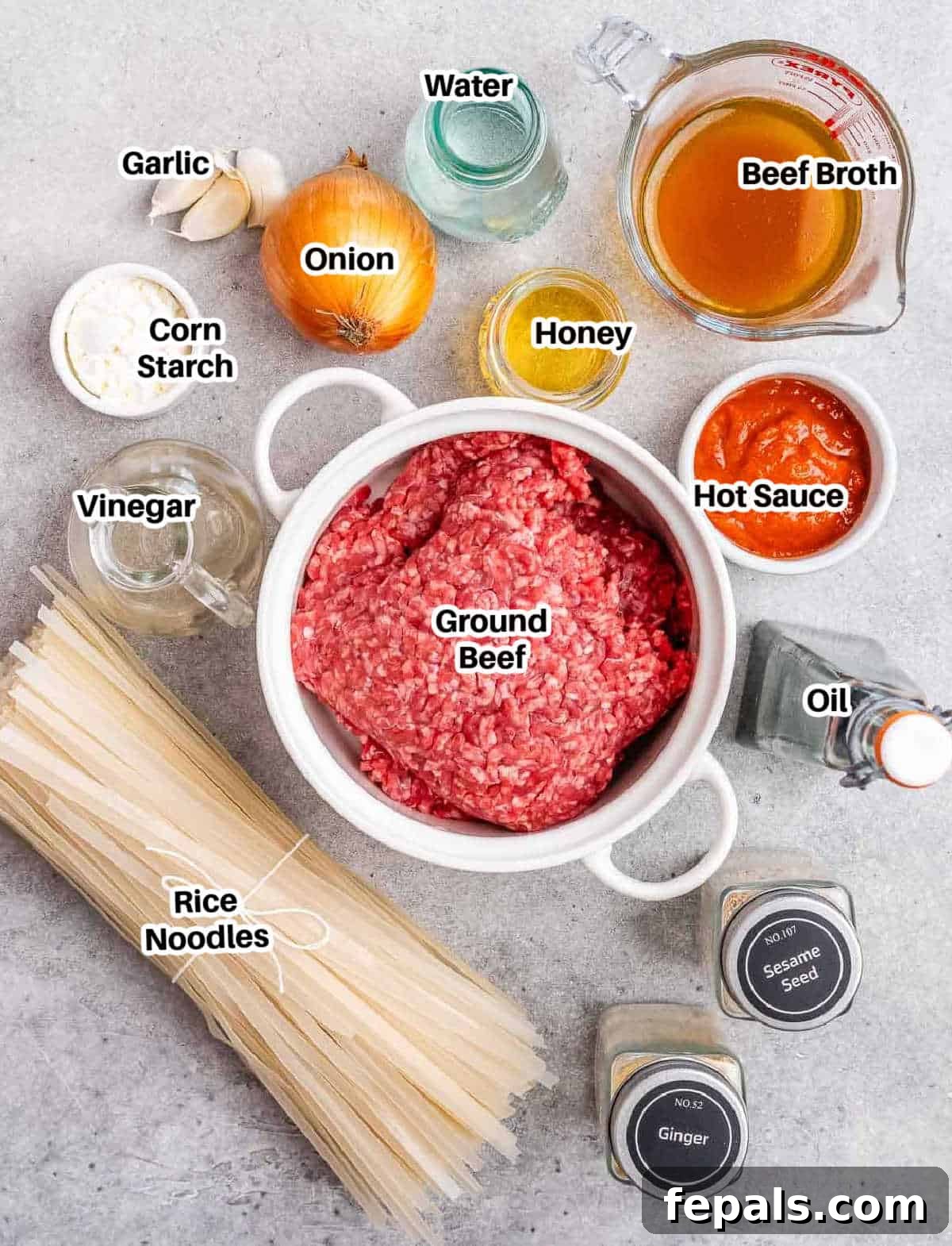 A flat lay photograph displaying all the fresh ingredients required to make Mongolian ground beef stir fry, including raw ground beef, onions, garlic, various sauces, and dried rice noodles.