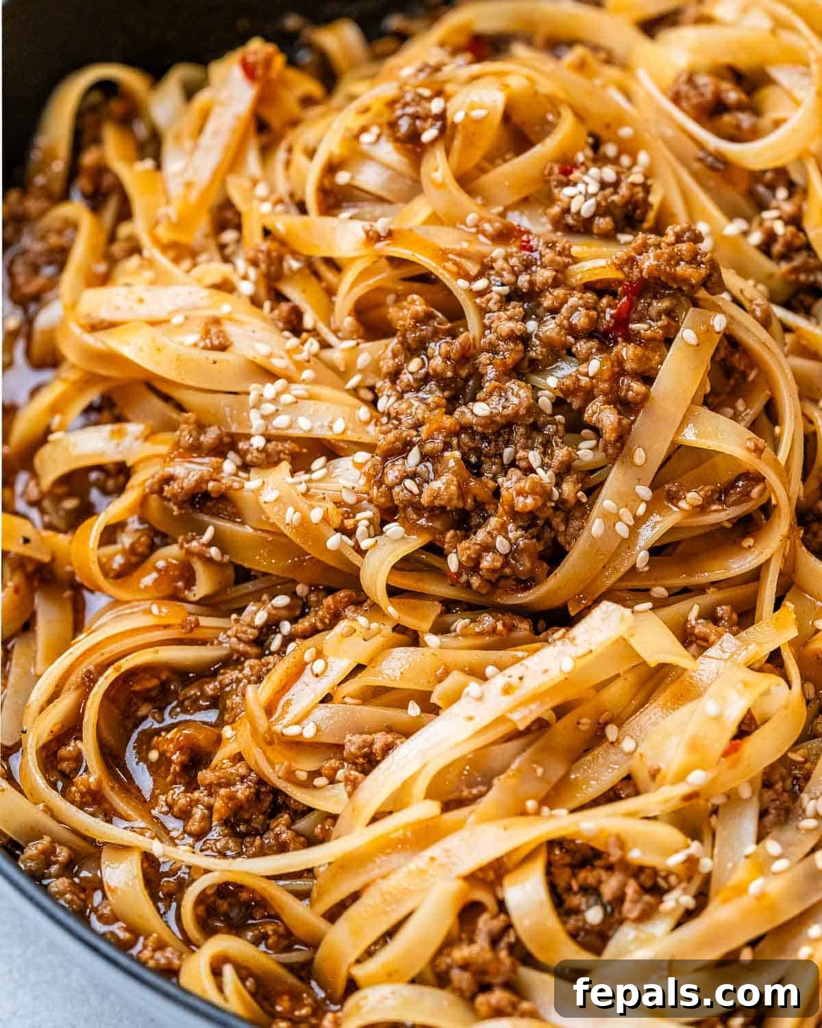 Close up view of wide rice noodles coated in a glossy sauce with ground beef and green onions.