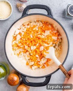 Stirring carrots and onions in a pot.