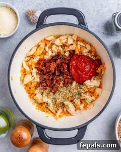 Chicken, tomato paste, salt, and pepper, and sun dried tomatoes in a pot.