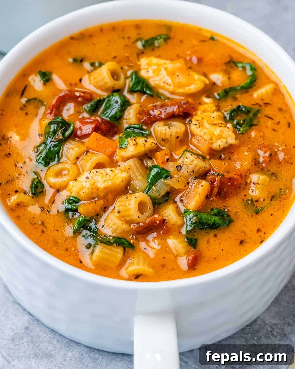 A white mug with creamy Marry Me Chicken Soup, garnished, sitting on a gray surface, with soft lighting.