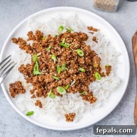 A round plate with white rice topped with sauteed ground beef and sliced green onions.