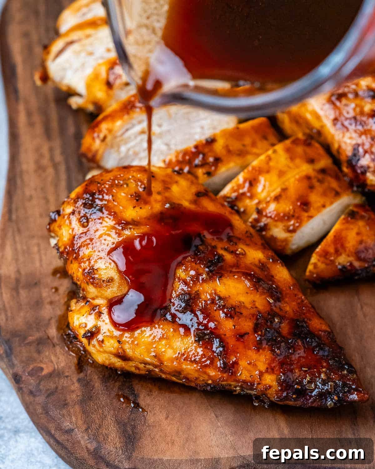 Air Fryer Frozen Chicken Breast Magic 10 Pouring glaze over a chicken breast.