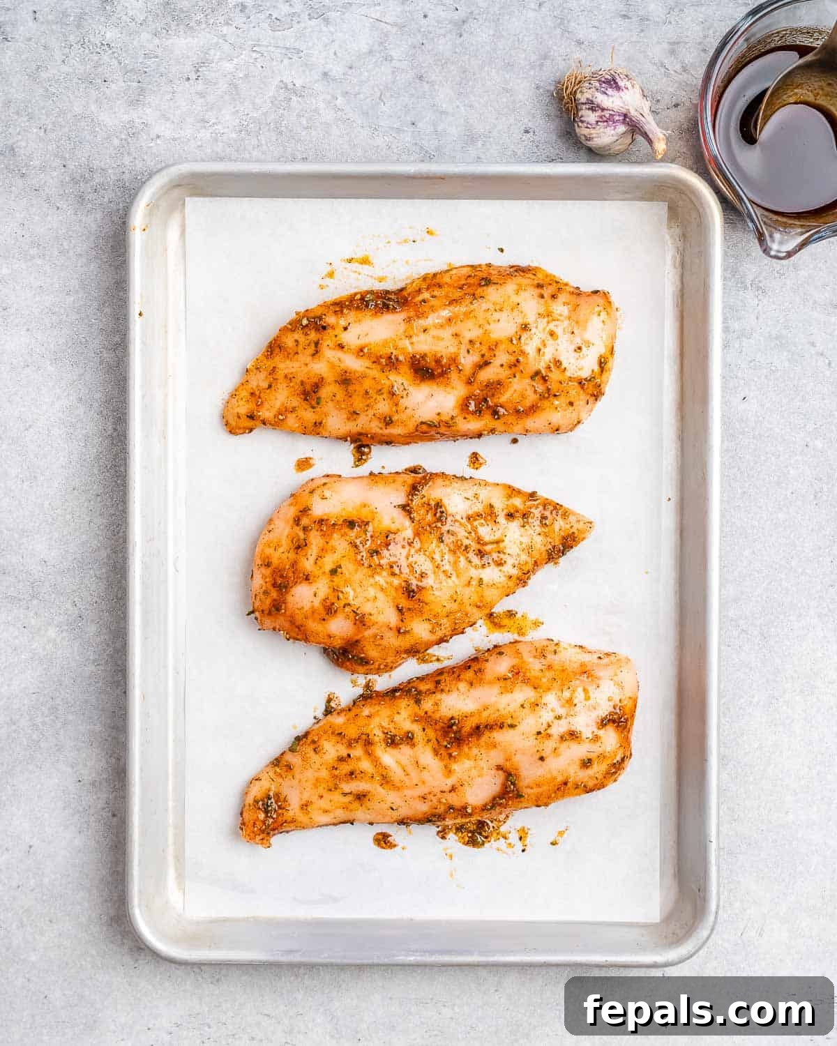 Air Fryer Frozen Chicken Breast Magic 4 Three chicken breasts on a metal sheet pan.