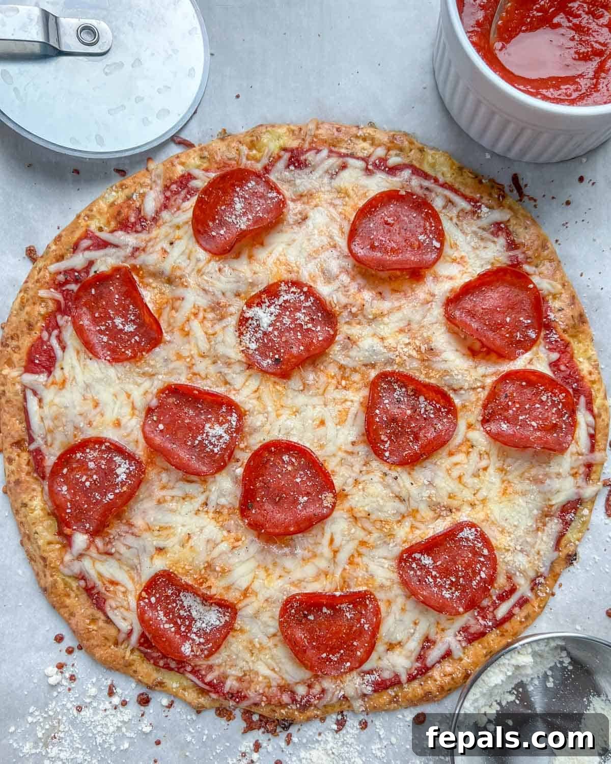 Wholesome Cottage Cheese Pizza Crust 2 Round pizza topped with pepperoni with a small bowl or pizza sauce.