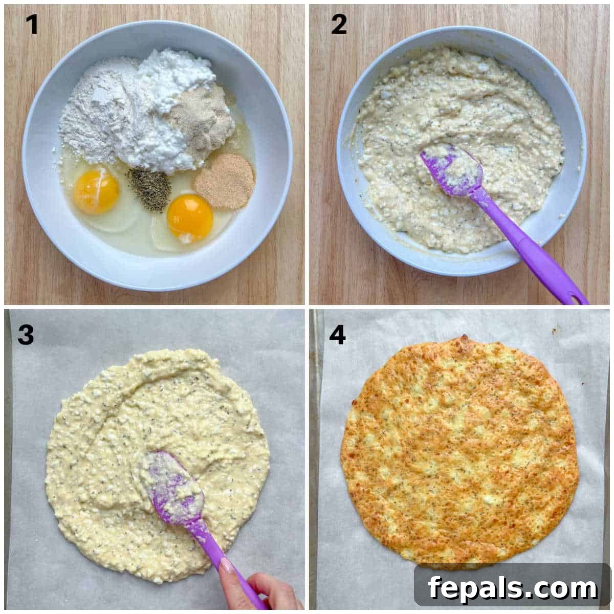 Wholesome Cottage Cheese Pizza Crust 4 collage showing making the pizza crust and baking it.
