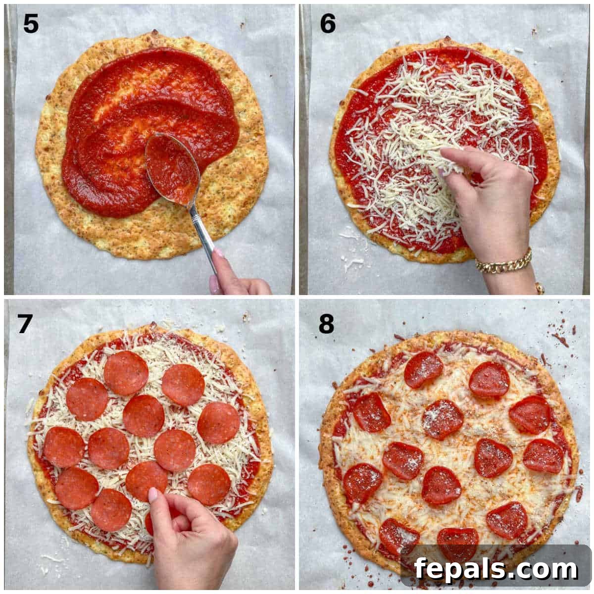 Wholesome Cottage Cheese Pizza Crust 5 Collage showing the process of adding pizza sauce, shredded cheese, and pepperoni to pizza.