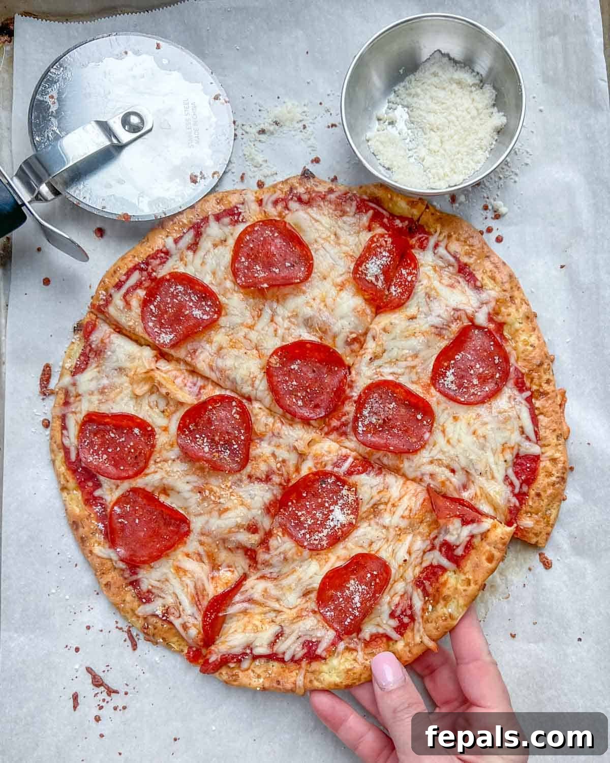 Wholesome Cottage Cheese Pizza Crust 7 hand grabbing a slice of pizza.