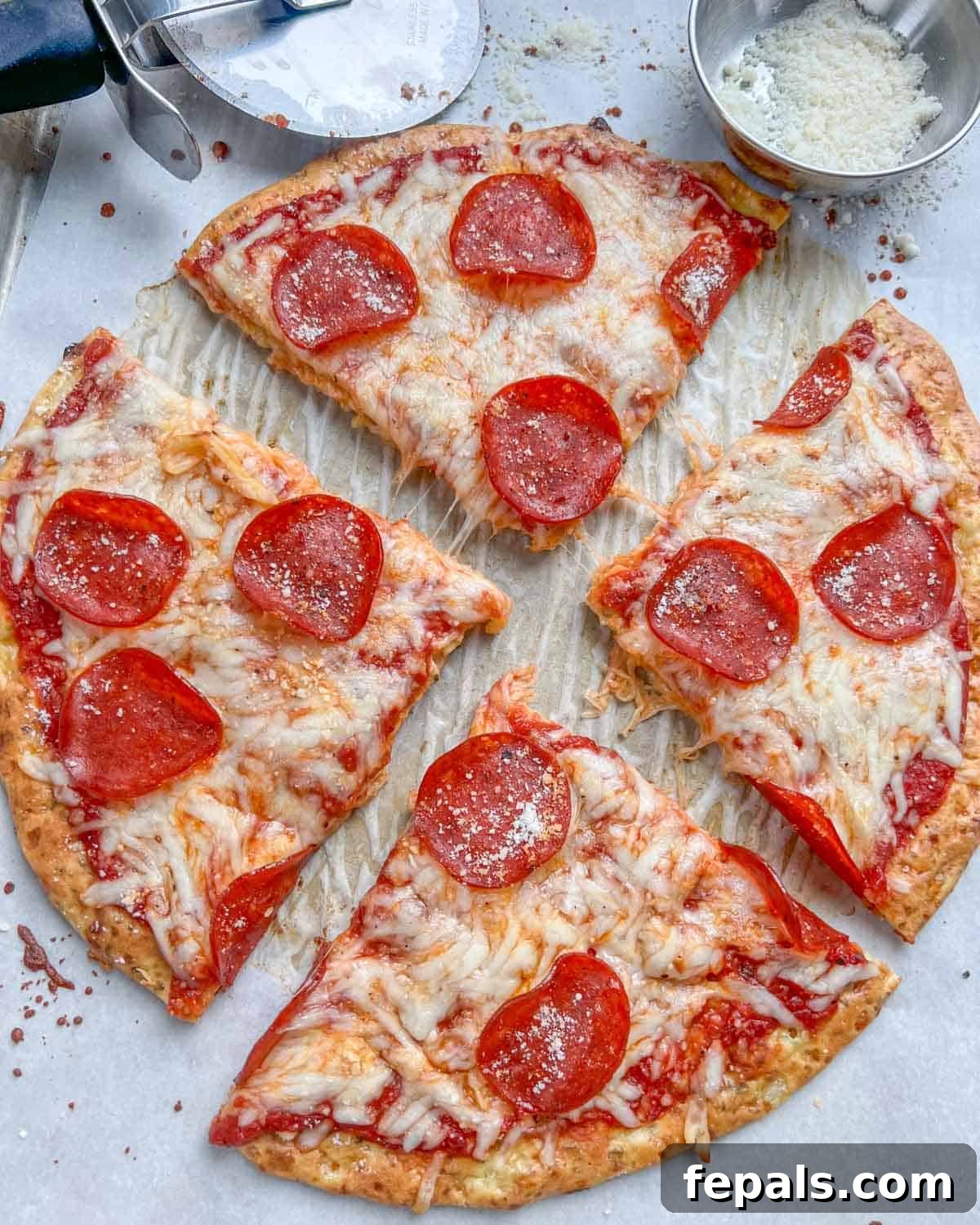 Wholesome Cottage Cheese Pizza Crust 8 4 slices of pizza topped with pepperoni on a sheet pan.