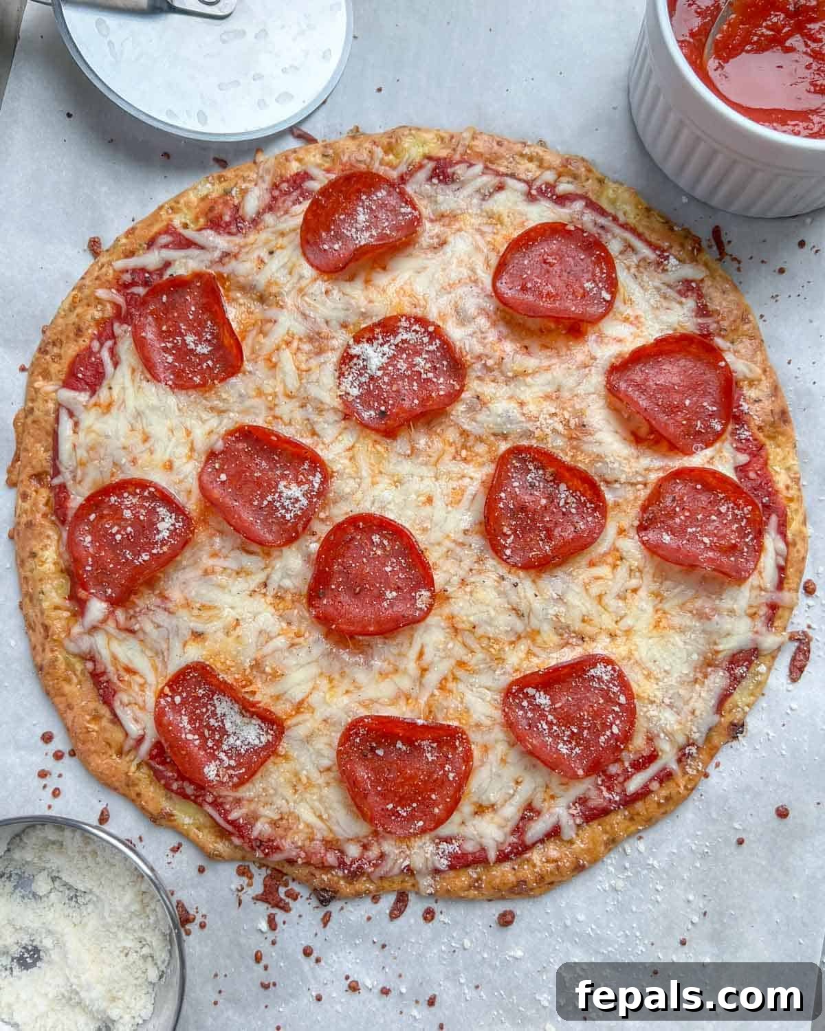 Wholesome Cottage Cheese Pizza Crust 9 Pizza on a sheet pan, topped with melted cheese and pepperoni slices.