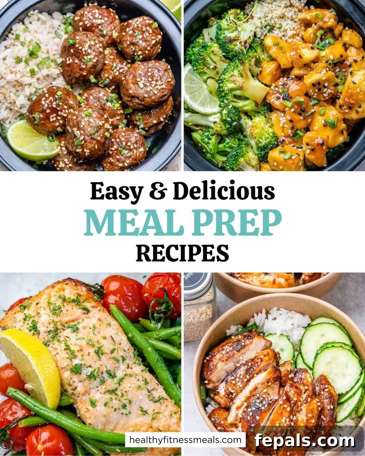Effortless Meal Prep 2 A vibrant collage showcasing various healthy meal prep dishes, including fresh salads, grain bowls, and neatly packed containers, symbolizing a week of delicious and organized eating.