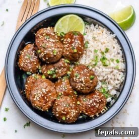 A top-down view of flavorful Asian meatballs served with brown rice in a sleek black meal prep bowl, elegantly topped with toasted sesame seeds.