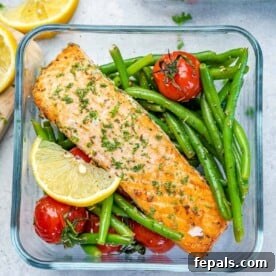 A top-down view of a perfectly portioned salmon and green beans meal prep bowl, showcasing a balanced and healthy dinner option.