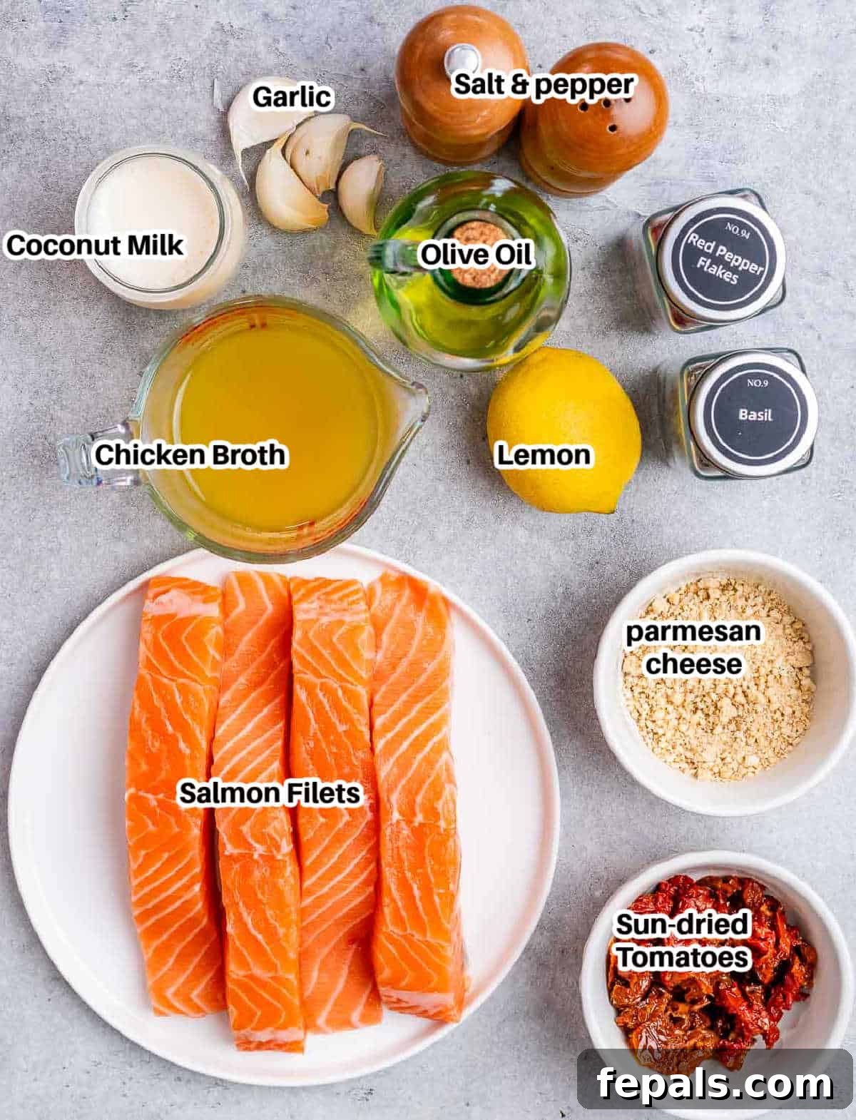 Proposal Salmon 3 A collection of fresh ingredients laid out, including salmon fillets, olive oil, spices, garlic, lemon, coconut milk, parmesan, and sun-dried tomatoes.