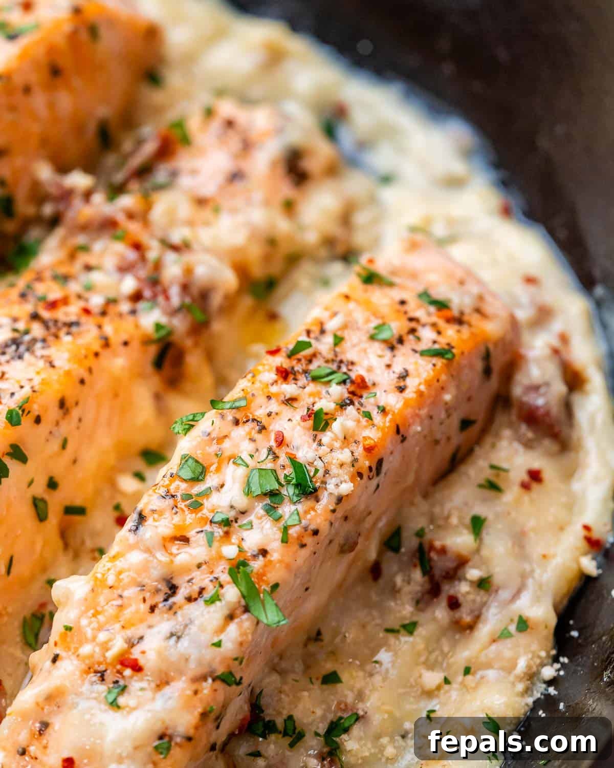 Proposal Salmon 9 Close-up of a salmon fillet seared to perfection, swimming in a rich, creamy sauce in a skillet.