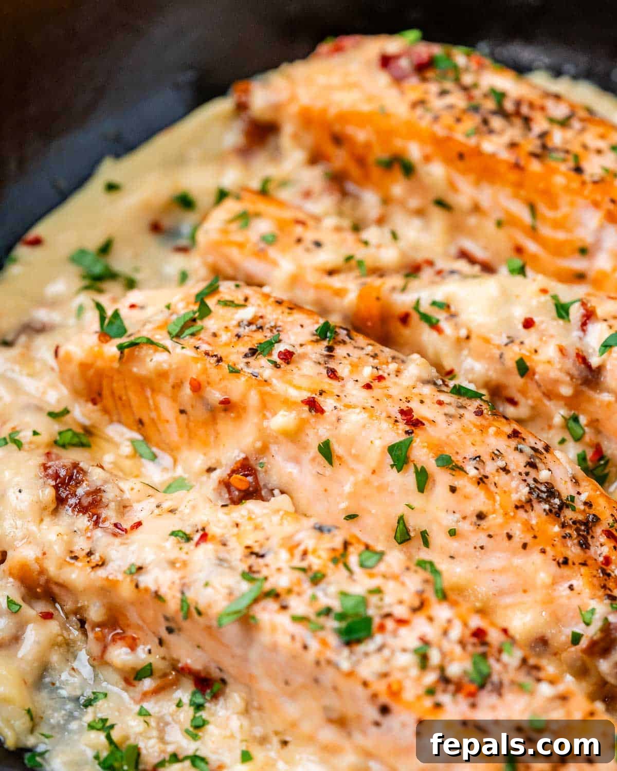 Proposal Salmon 10 A stunning shot of seared salmon fillets coated in a rich, creamy sauce, served in a black skillet.