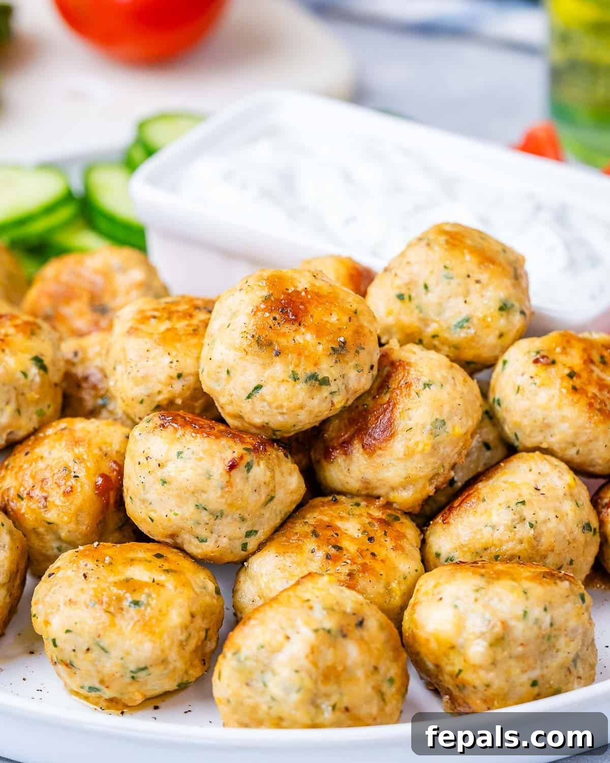 A beautifully arranged plate of Greek Turkey Meatballs, garnished with fresh cucumber, cherry tomatoes, and a side of creamy tzatziki sauce, highlighting a complete meal.