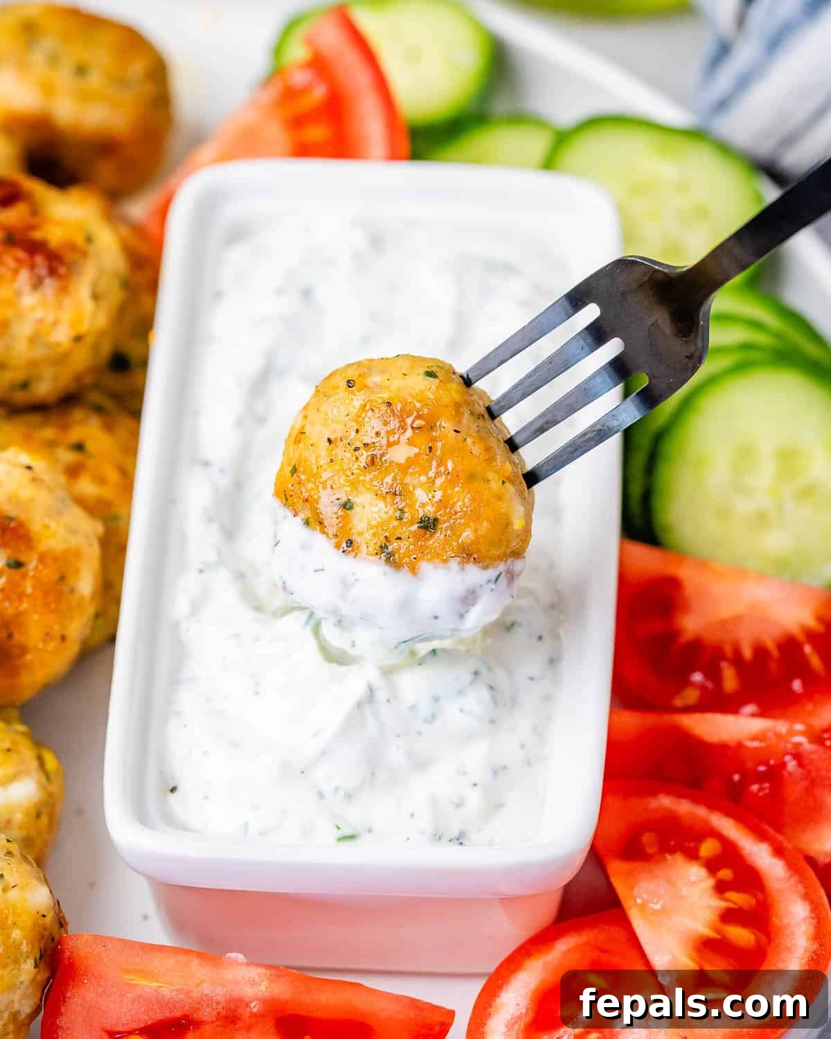 A fork dipping a perfectly cooked Greek turkey meatball into a creamy white tzatziki sauce, showcasing the delicious pairing.