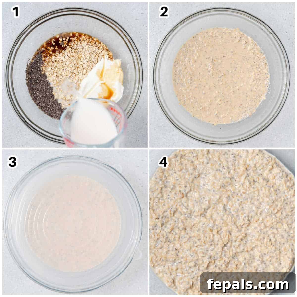 Creamy Tiramisu Overnight Oats 4 A process shot showing oats, chia seeds, and coffee being combined in a large mixing bowl.
